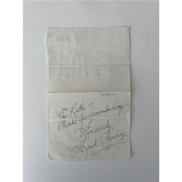 Hank Penny signed note