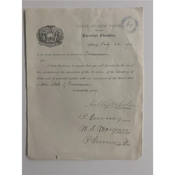 NY State Executive Chamber 1895 signed Letter to Tennessee Governor