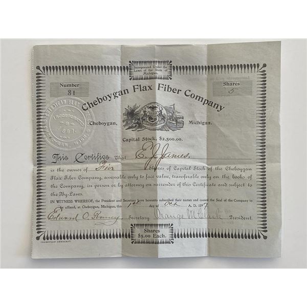 Cheboygan Flax Fiber Company signed certificate