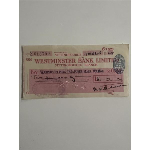 1948 Wardroom Mess Treasurer signed check