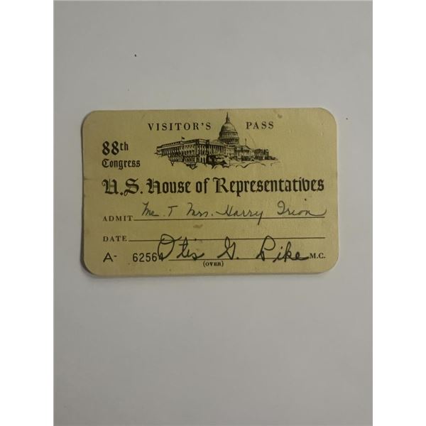 U.S. House of Representatives Otis G. Pike signed Visitor's Pass