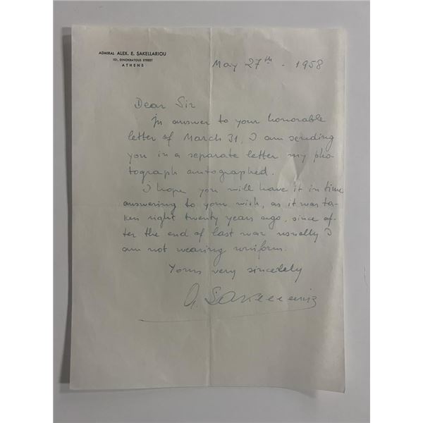 Greek Navy Admiral Alex E. Sakellariou signed 1958 letter