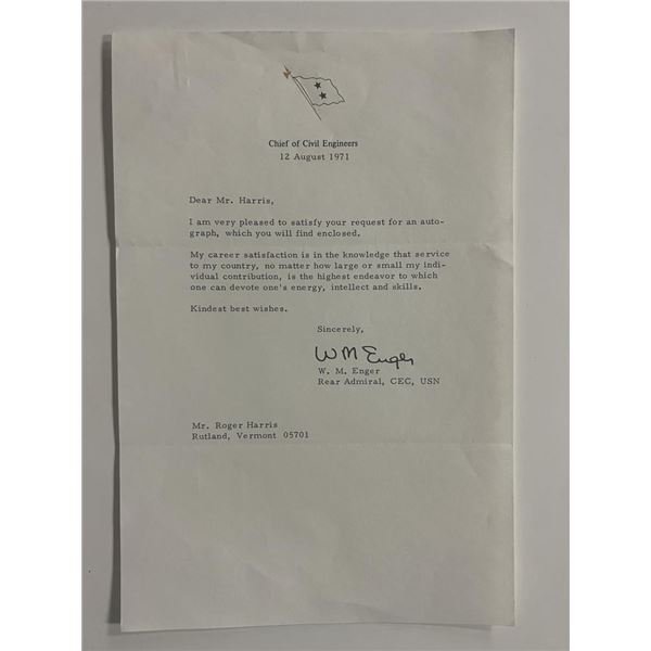WWII US Navy Rear Admiral Walter M. Enger signed 1971 letter