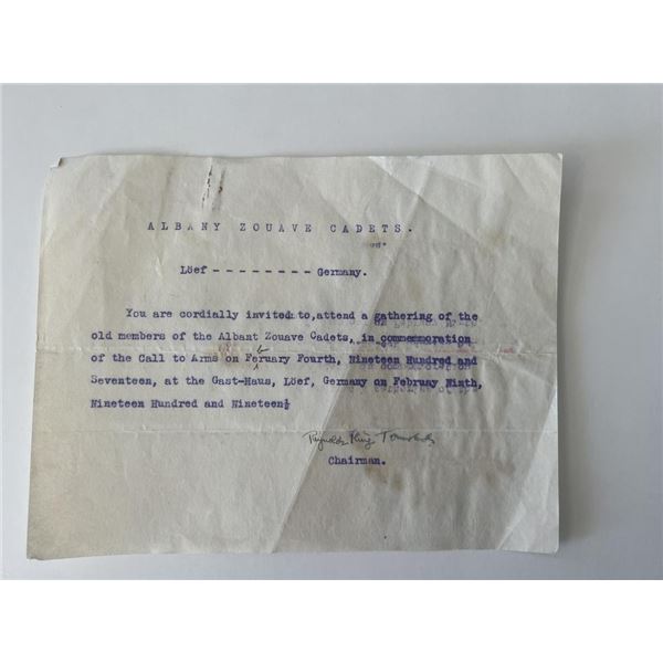 WWI Captain Renyolds K. Townsend signed invitation