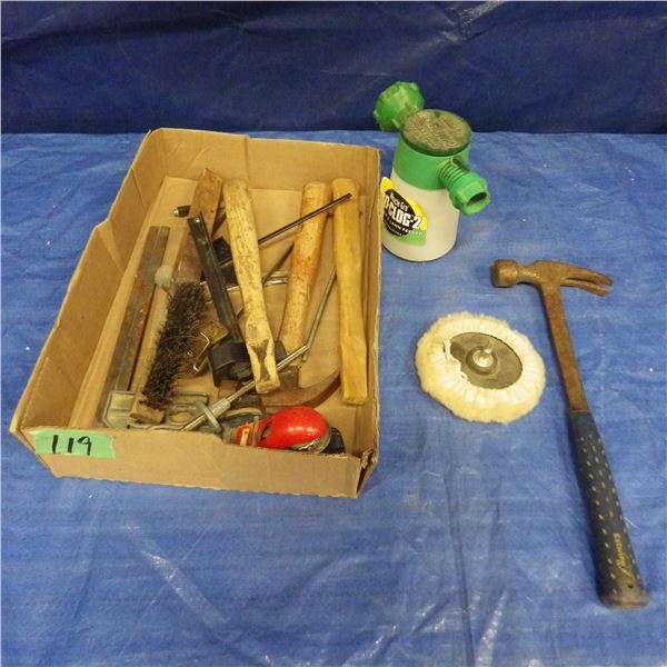Hammer , wire brush, hand plane miscellaneous woodworking tools