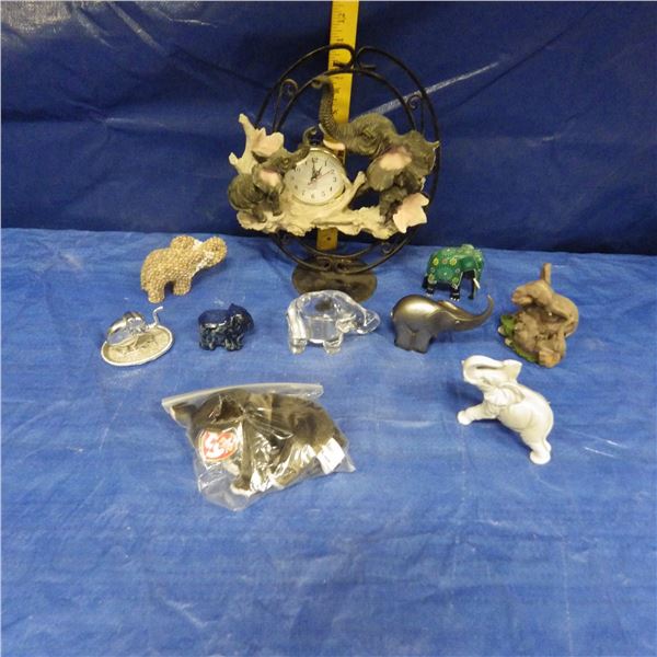 Assortment of elephant figurines and Ty beanie baby elephant