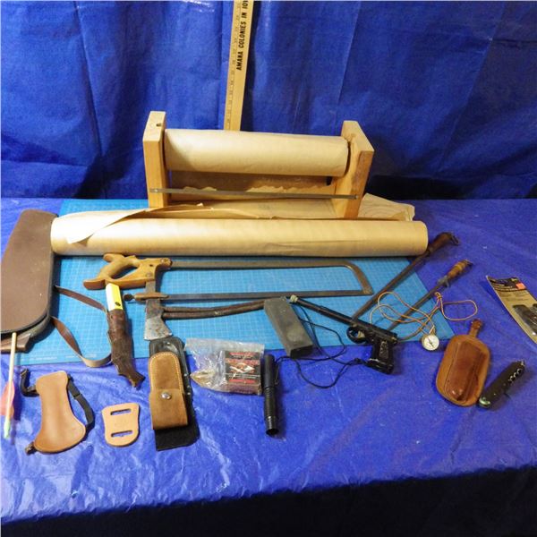 meat saw, meat wrapping paper and stand, arrows etcetera