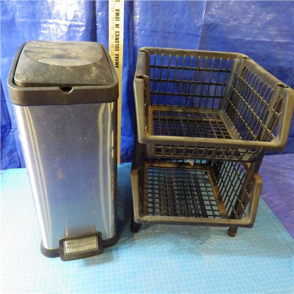 garbage can, stacking trays, pots and pans