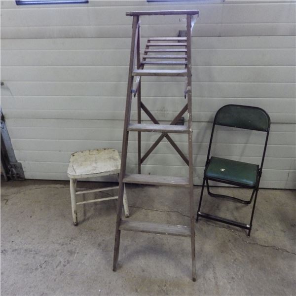 stepladder, folding chair, wood seat