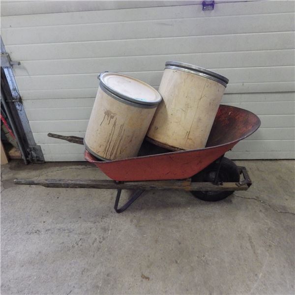 Steel wheelbarrow and two cardboard barrel containers