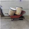 Image 1 : Steel wheelbarrow and two cardboard barrel containers