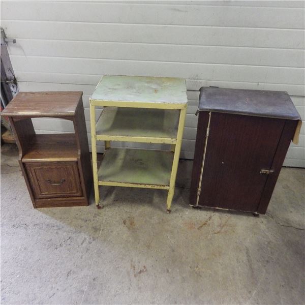 Metal shelf and two wood storage cabinets