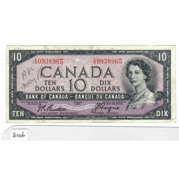 1954 Bank of Canada $10 bill with Devil's face in hair --  Note: writing on Bill