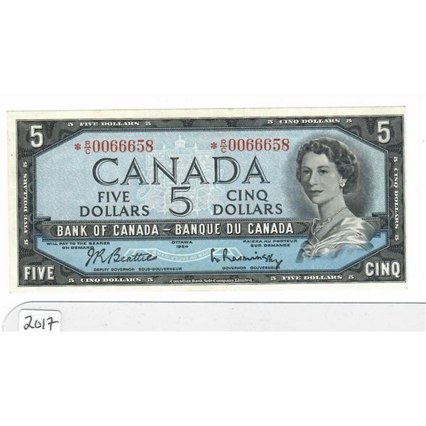 1954 Bank of Canada $5 bill - Replacement bill  NOTE: Front of bill is not centered side to side  Ba