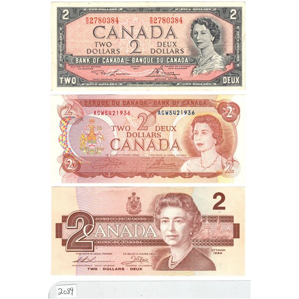 Lot of three Canadian $2 bills