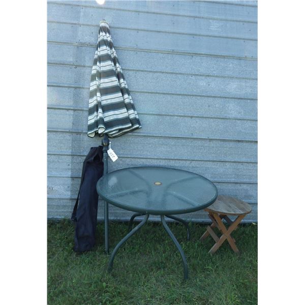 patio table and umbrella, small wood table, Folding chair