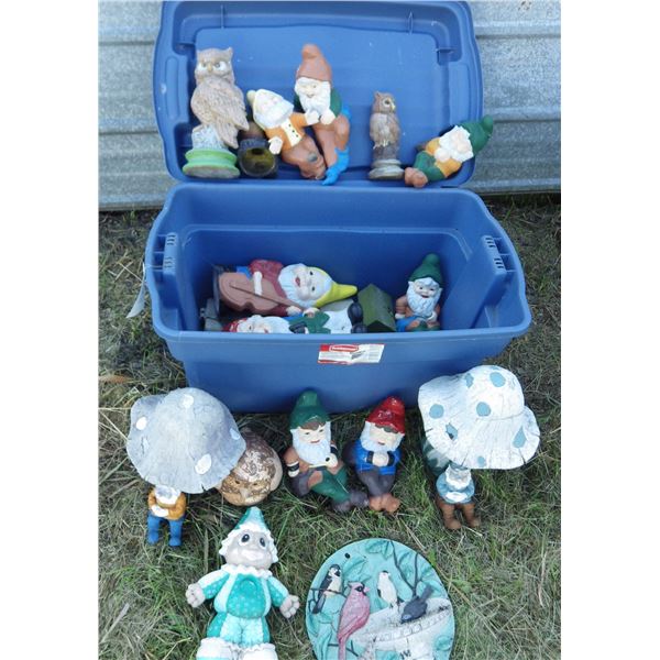 Plastic tub with garden gnomes and ornaments