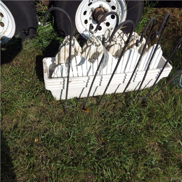 Flower planter boxes, plastic fence, Metal hooks for hanging garden ornaments