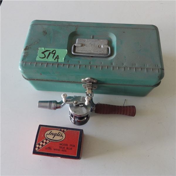 Vintage Tackle box with fishing rod reel and assorted hooks