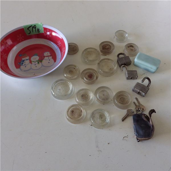 vintage furniture casters glass , padlocks and unmatched keys