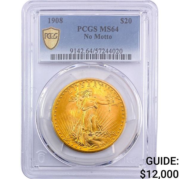 1908 $20 Gold Double Eagle PCGS MS64 No Motto