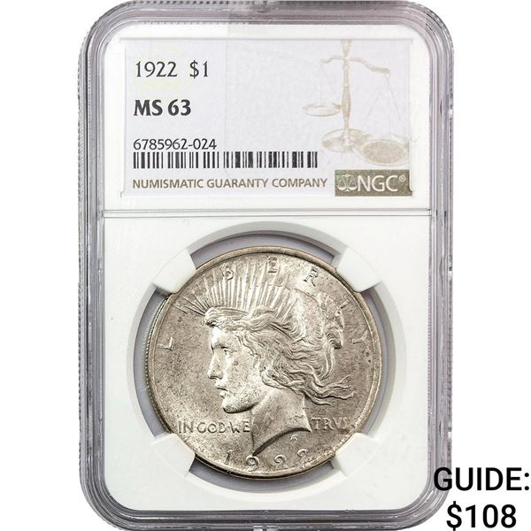 1922 Silver Peace Dollar NGC MS63