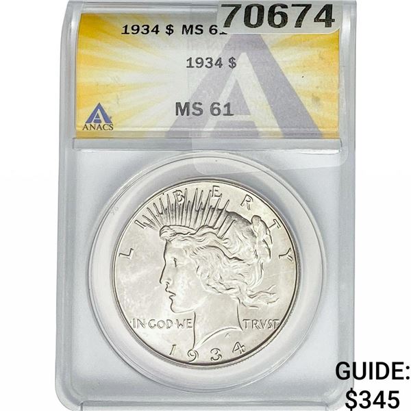 1934 Silver Peace Dollar ANACS MS61