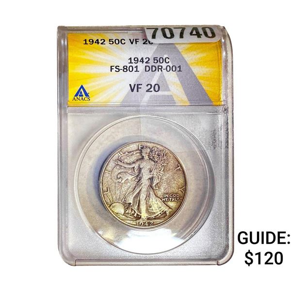 1942 Walking Liberty Half Dollar ANACS VF20