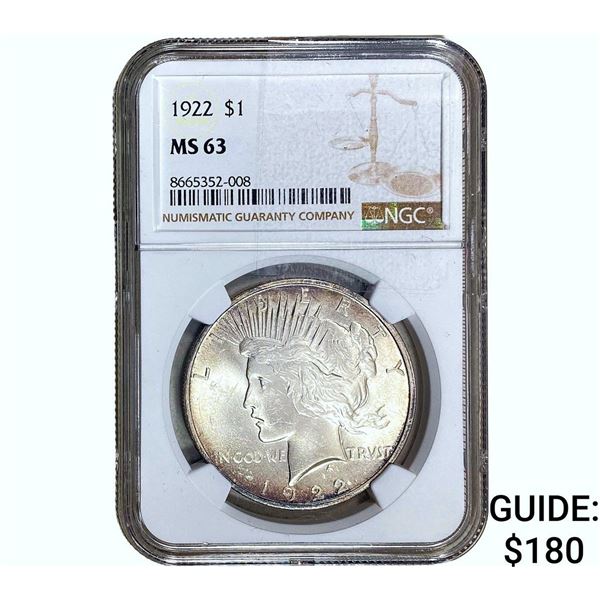 1922 Silver Peace Dollar NGC MS63