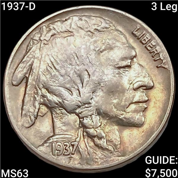 1937-D 3 Leg Buffalo Nickel CHOICE BU