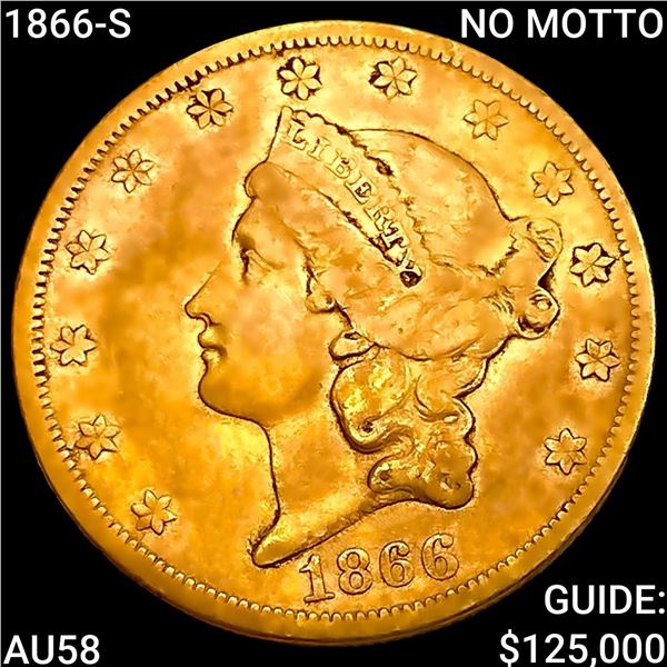 1866-S NO MOTTO $20 Gold Double Eagle CHOICE AU