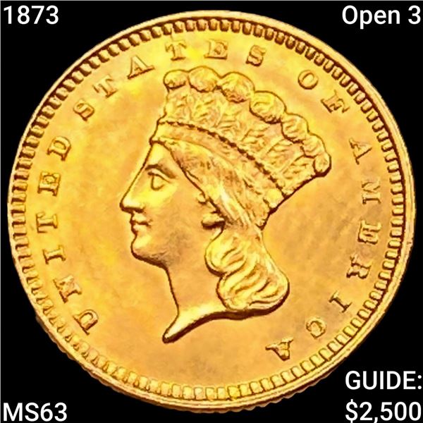 1873 Open 3 Rare Gold Dollar CHOICE BU