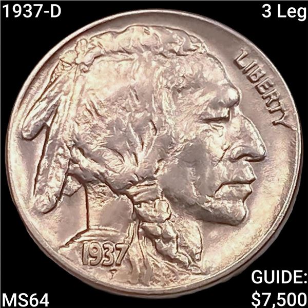 1937-D 3 Leg Buffalo Nickel CHOICE BU