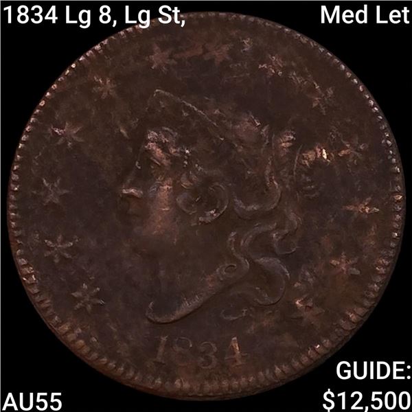 1834 Lg 8, Lg St, Med Let Coronet Head Large Cent HIGH GRADE