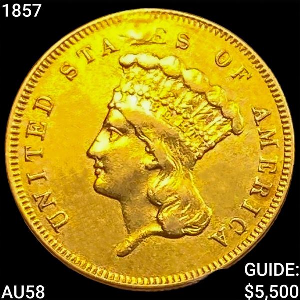 1857 $3 Gold Piece CHOICE AU
