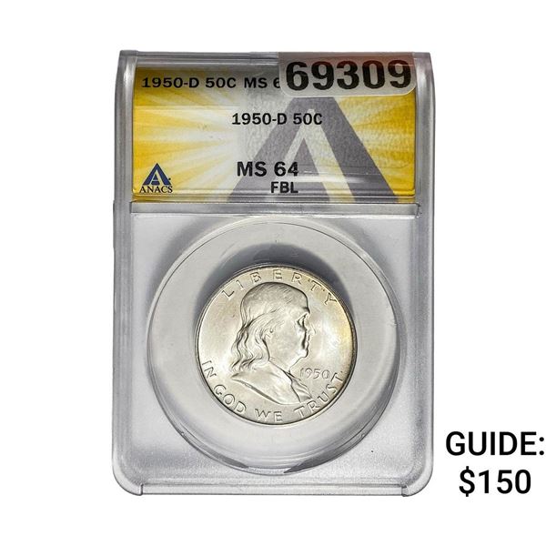 1950-D Franklin Half Dollar ANACS MS64 FBL