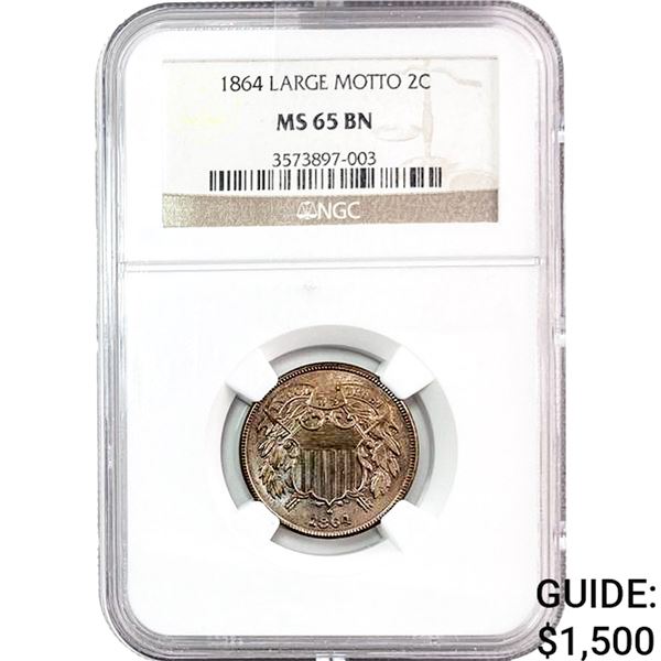 1864 Two Cent Piece NGC MS65 Large Motto BN
