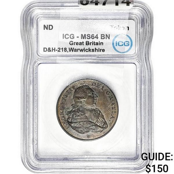 ND Gr. Britain Warwickshire George III Token ICG MS64 BN
