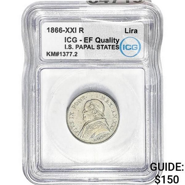 1866-XXI R I.S. Papal States Pius IX Silver Lira ICG EF