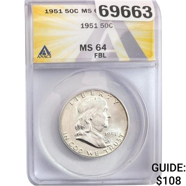 1951 Franklin Half Dollar ANACS MS64 FBL