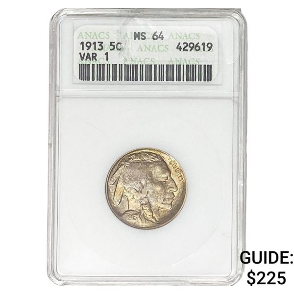 1913 Buffalo Nickel ANACS MS64 VAR 1