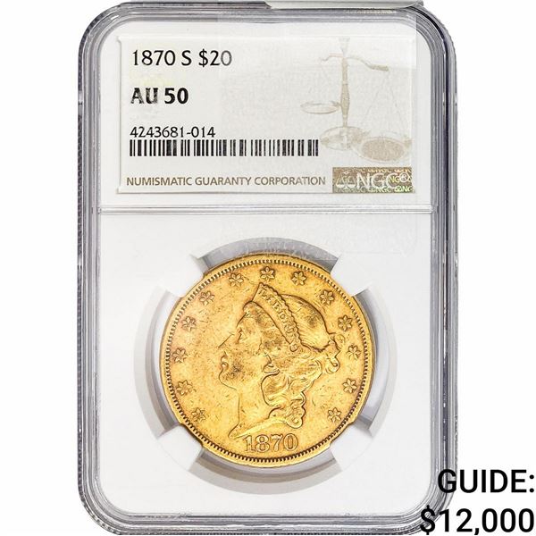 1870 $20 Gold Double Eagle NGC AU50