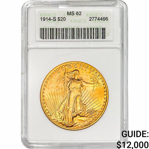 1914-S $20 Gold Double Eagle ANACS MS62