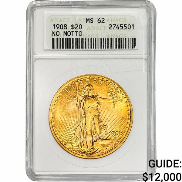 1908 No Motto $20 Gold Double Eagle ANACS MS62