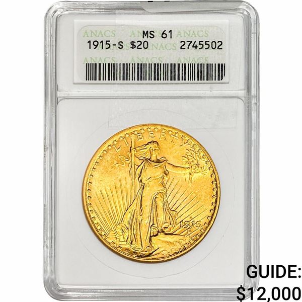 1915-S $20 Gold Double Eagle ANACS MS61