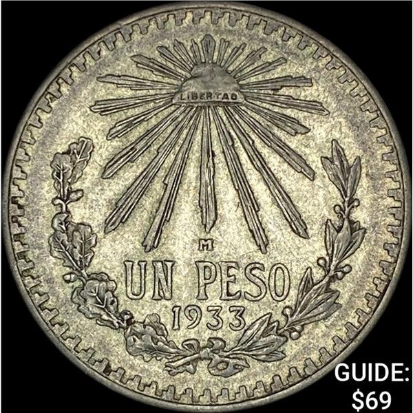 1938-M Mexico Silver Peso Cap & Ray NEARLY UNCIRCULATED