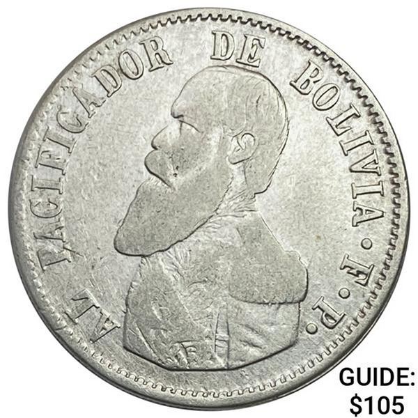 1865 Bolivia Silver Melgarejo NEARLY UNCIRCULATED