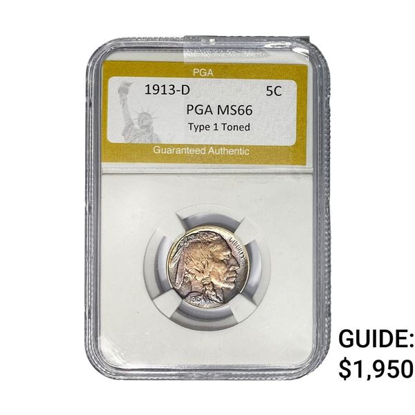 1913-D Buffalo Nickel PGA MS66 TY 1 Toned
