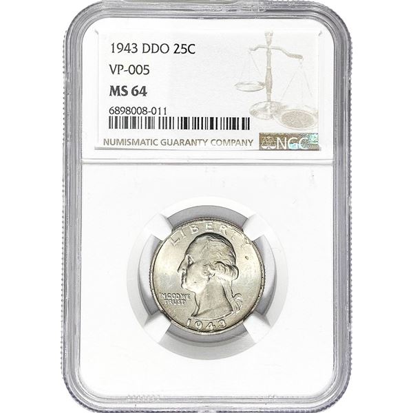 1943 DDO VP-005 Washington Silver Quarter NGC MS64