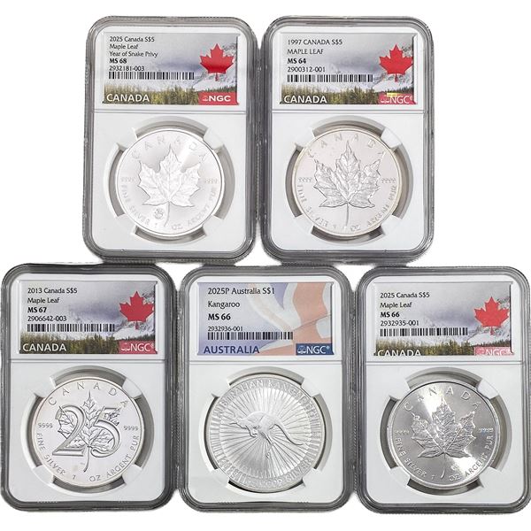 1997-2025 GEM BU Foreign 1oz Silver Coins [5 Coins] NGC MS64-68